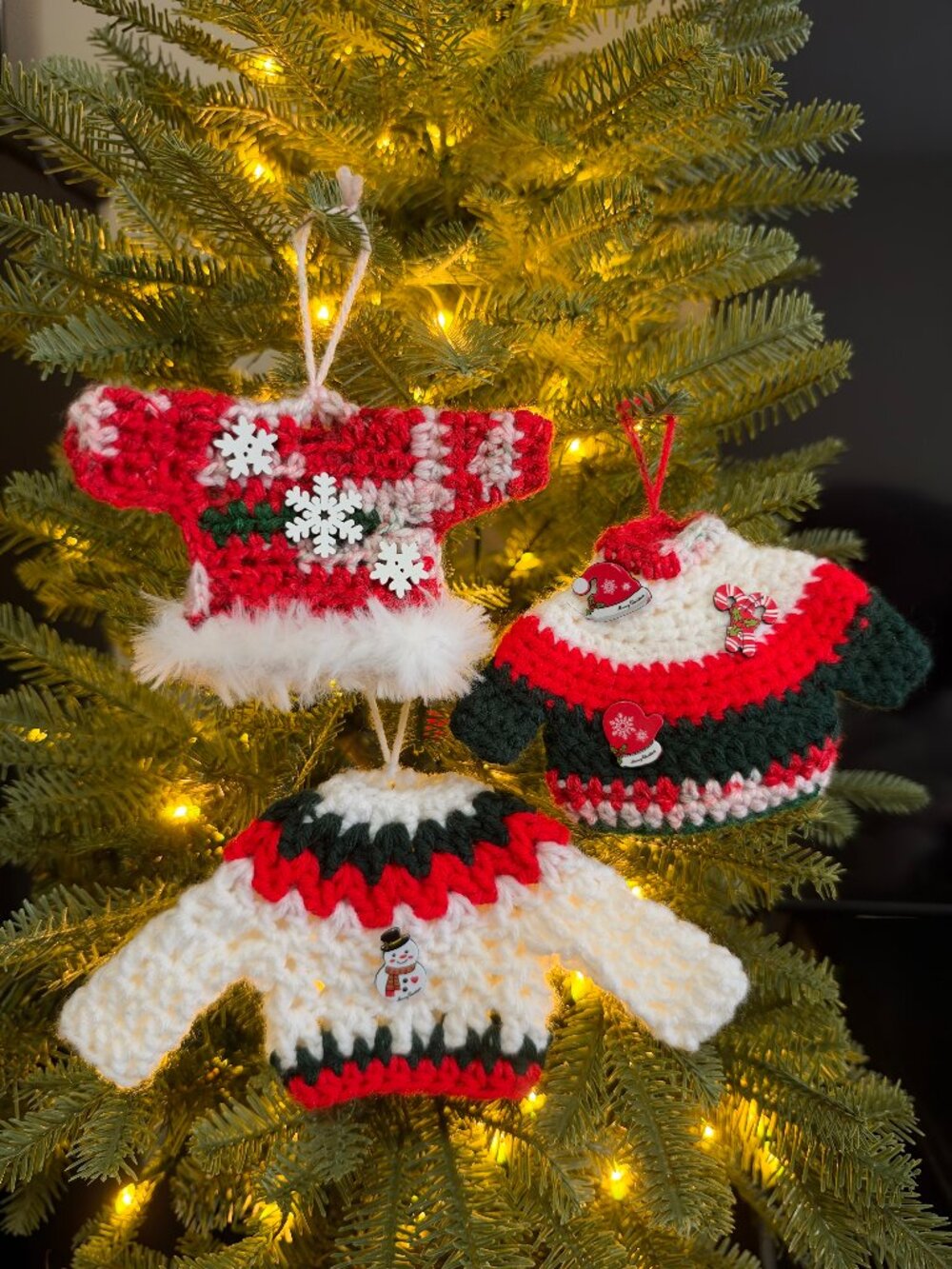 Handmade Crochet Ugly Christmas Sweaters Hanging White Red Ornaments Set of 3